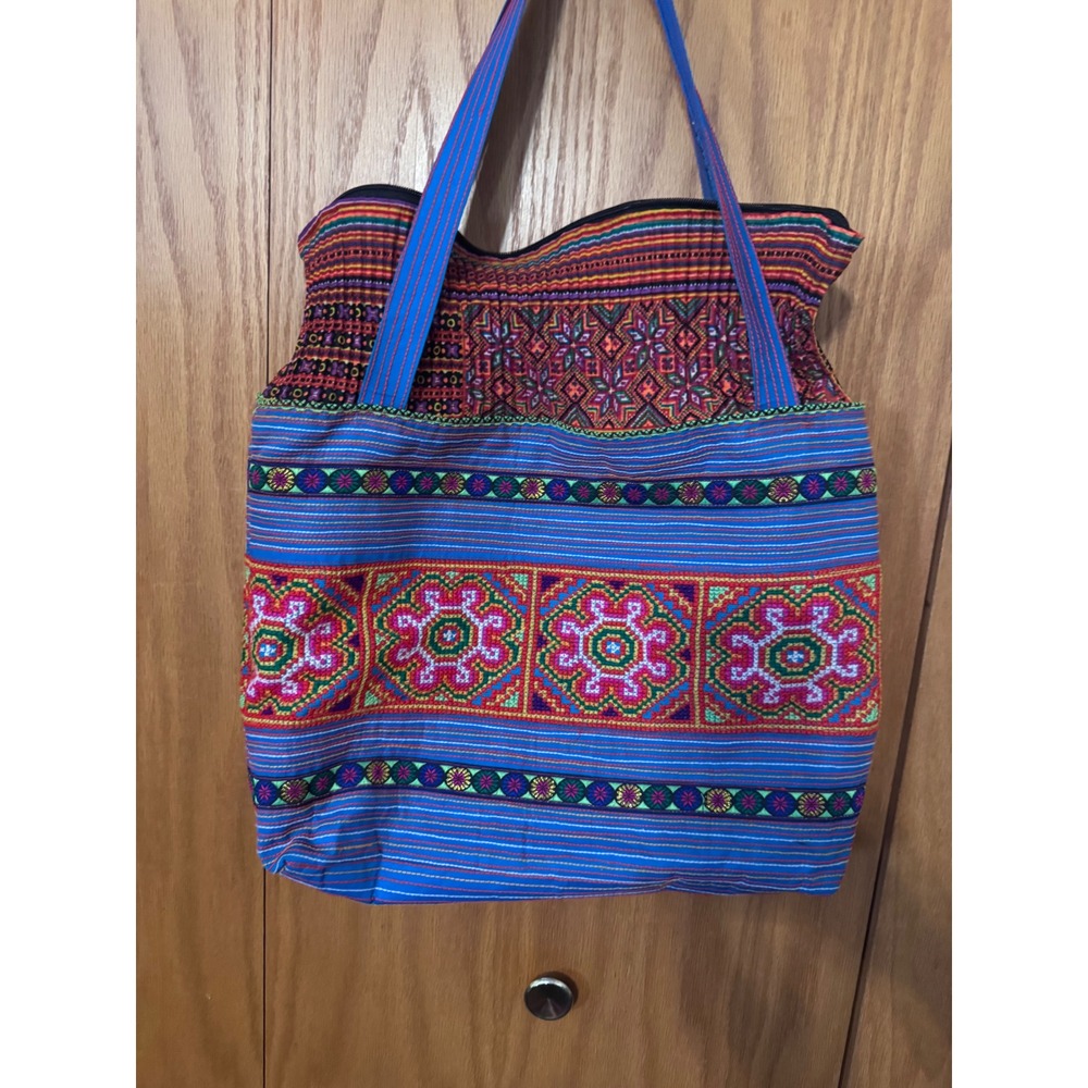 Boho Embroidered Tote Bag‎ Blue Floral Geometric Woven Shoulder Bag Zipper Top - Picture 3 of 6